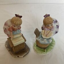Lot of 2 LEFTON Bisque Girl Figurines: Girl Baking, Girl Laundry VINTAGE picture