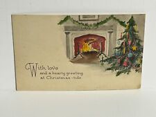 Postcard Christmas Greetings Tree Fireplace c1926 A21 picture