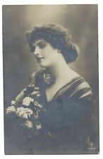 RPPC ~ Very pretty young woman with rose bouquet ~ Juno real photo postcard picture