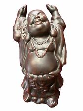 Vtg 8” Buddha Statue BROWN Red CERAMIC Laughing Prosperity arms Raised Up Happy picture