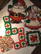 Lot of 6 Vintage Knit Yarn Christmas Handmade Decor Crocheted Stockings Santa picture
