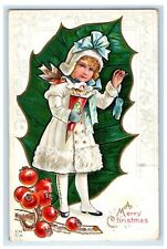 1912 Merry Christmas Nash Girl Dress Gloves Bird Candy Holly Embossed Postcard picture
