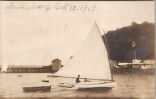 RPPC Sailing Scene 1907 Boating Pier Boathouses US Flag Real Photo Postcard Y17 picture