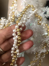 Vtg 9 FT Xmas Triple STRAND Twisted PEARL Gold ROSE Beads GARLAND MANTLE PLASTIC picture