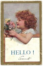 1909 Antique Postcard Hello Beautiful Girl Flowers Colors Adorable Cute Lovely picture