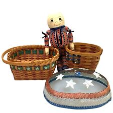 Rustic Patriotic 4th July USA Flag Doll 2 Picnic Basket Handles 15x12 Dish Cover picture