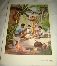Vtg 1950s THANKS FOR FOOD Village Family Christian Providence Litho Art Print picture