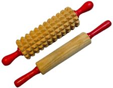 VTG MINI ROLLING PINS SWEDISH HOBNAILED NOTCHED WOOD, RED HANDLES SMOOTH BAKING picture