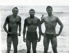 Shirtless Handsome young men bulge beach trunks gay vtg photo picture