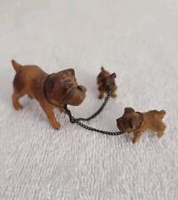 VTG ENGLISH FRENCH BULLDOG DOG FIGURINES WOODEN MOMMY 2 PUPPIES CHAIN DOGS SMALL picture