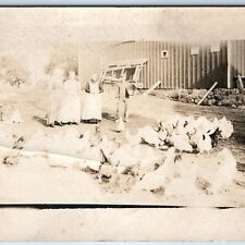 c1910s Outdoor Farm Chicken RPPC Barn Man Overalls Feeding Livestock Family A255 picture