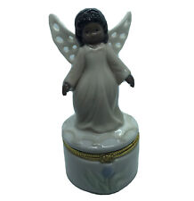 Trinket Box Winged Black African American Angel Vintage Porcelain Girl Flowers picture
