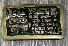 Vintage 1981 Indiana Metal Craft Viking Brass Belt Buckle Enameled With Phrase picture