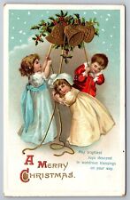 Children Ringing Gold Bells Holly Berries Merry Christmas Postcard picture