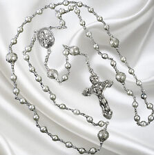 Unbreakable Catholic Rosary, Soft Silver Glass Pearls, Italian Silver Crucifix picture