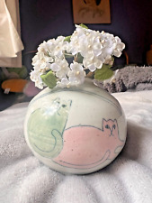 Vintage Art Pottery Glazed Cat Duo Small Ceramic Vase Artist Signed picture