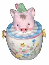VINTAGE LIPPER & MANN THREE LITTLE PIGS COOKIE JAR WITH WICKER HANDLE Nice Shape picture