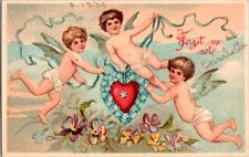 Valentine Lovers Heart Vintage Postcard Cupid Trio Deliver Flower Wrapped Love picture