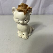 Vintage 3” Sitting White Ceramic Cat Figurine With Tan Cloth Bow On Head GUC picture
