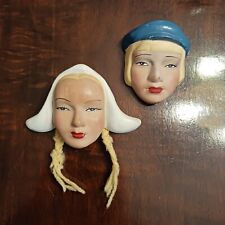 Vtg 1940s Handpainted Chalkware Dutch Boy & Girl Face Wall Plaques picture