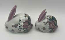 Tobacco Leaf Porcelain Animal Figurine Vintage Rabbit Chinoiserie Bunny Set Of 2 picture