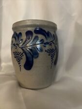 Vintage Eldreth Crock Folk Art Pottery Blue Salt Glaze 2002. Flower Primitive 6” picture