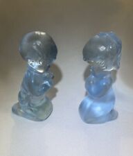 Fenton Art Glass Frosted Babies Blue Girl & Boy Kneeling Praying Figurines 3.5” picture