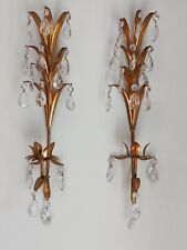Vintage Pair Gilt Gold Italy Candle Sconce Crystals Prisms Wheat Sheath picture