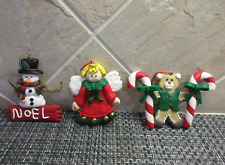 Lot of 3 Clay Ornaments Noel Snowman, Bear w Dual Candy Canes & Angel with Bells picture