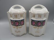 2 Vtg German Lusterware Porcelain Canisters Coffee & Tea Pink & Purple Flowers picture