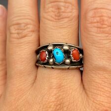 Vintage Zuni Milton Lasiloo Turquoise Coral Native Silver Ring Size 12.5 picture