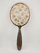 Vintage Hand Mirror Embroidered Metallic Gold Flowers Flawed Mirror *See Pics* picture