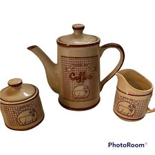 3 Pcs. Country Best Coffee Pot Sugar bowl Creamer Brown and red picture