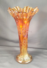 Vintage Antique Fenton Carnival Glass Knotted Beads Vase Crimped Marigold 10
