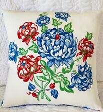 Vintage Tablecloth Pillow Cover - Red, White, Blue Floral - 12