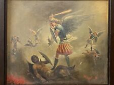 🔥 Antique Old 19th c. Angels & Demons Biblical War Battle Oil Painting - WOW picture