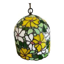 VINTAGE STAINED GLASS TIFFANY STYLE HANGING LAMP GREEN YELLOW WHITE FLOWERS MCM picture