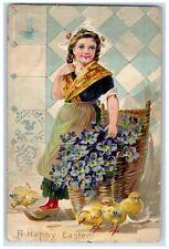 c1905 Easter Dutch Girl Chick Basket Of Pansies Flowers Embossed Tuck's Postcard picture