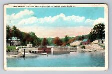 Songo River ME-Maine, Entrance To Lock, Steamboat, Vintage c1937 Postcard picture