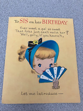 VINTAGE HAPPY BIRTHDAY CARD, SIS, SISTER, Double Fold, Cute Double Image, Folksy picture