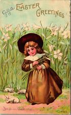 C.1905 ANTIQUE EDWARDIAN POSTCARD HAPPY EASTER GREETINGS GIRL LILYS BUNNYS picture