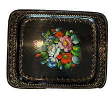 Vtg Russian Tole Floral Tray Metal Lacquer Hand Painted picture