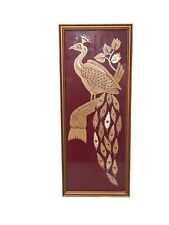 Gorgeous Mid Century Framed Wood inlay Marquetry Peacock Wall Hangings 7x17 MCM picture