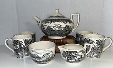 Wedgwood Romantic England Tea Set Tea Pot W Lid Sugar Creamer & 4 Mugs Black picture
