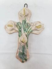 Easter Calla Lilies Cross Crucifix Wall Hanging Hand Painted Ceramic 8.5 Inches picture