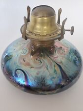 Superb Vintage Kent Fiske Iridescent Blue Art Glass Oil Lamp Signed picture