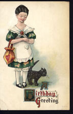 A BIRTHDAY GREETING - GIRL with BLACK CAT writing on back-name- not mailed  picture