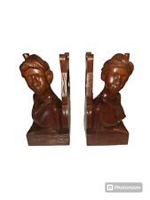 Vintage Solid Monkey Pod Wood Carved Woman And Man Bust Sculptures Bookends picture
