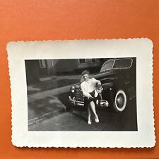VINTAGE PHOTO Sexy Woman Posing On Hood Of Classic Car, Pinup, 1940s Snapshot picture