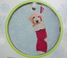 PORCELAIN GOLDEN DOODLE PUPPY DOG IN STOCKING CHRISTMAS TREE ORNAMENT GIFT BOX picture